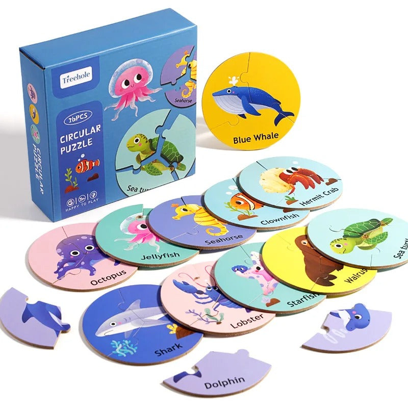 פאזל פנורמה מעץ לילדים, למידה ופיתוח תפיסה מוקדמת עם חיות ופירות