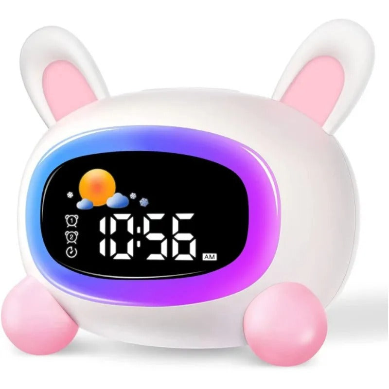 שעון מעורר לילדים עם אימון שינה ומכונת קול עם קולות מרגיעים.